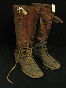 Charles White Whittlesey: Brown high leather boots with laces and buckles at top - 3/4