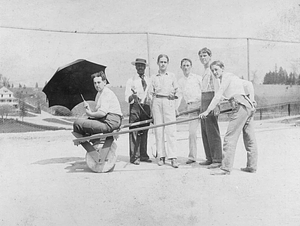 Zeta Psi members "'horse play"" on the tennis court, 1897