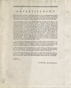 Advertisement for Samuel Blodget's Prospective Plan of the Battle of Lake George