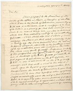 James Monroe letter to an official of the Bank of the United States at Philadelphia