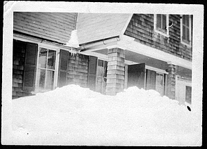 Chamberlain Cottage in the snow: "Chamberlain Cottage, Northwest Hill, 1918/Last used by Girl Scouts, burned later"