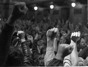 Protesting students raise their arms, 1970