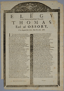 An elegy to the memory of the right houorable [sic] Thomas, Earl of Ossory : who depated [sic] this life July the 30th, 1680 /
