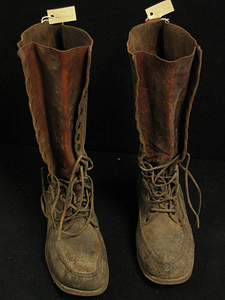 Charles White Whittlesey: Brown high leather boots with laces at top and bottom - Front
