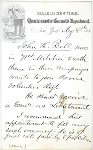 Chester A. Arthur letter of recommendation for J.H. Bell
